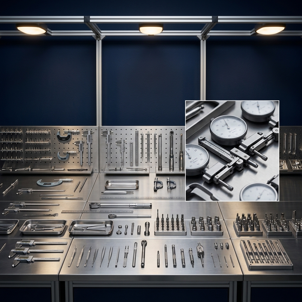 Organized precision measurement instruments on laboratory bench