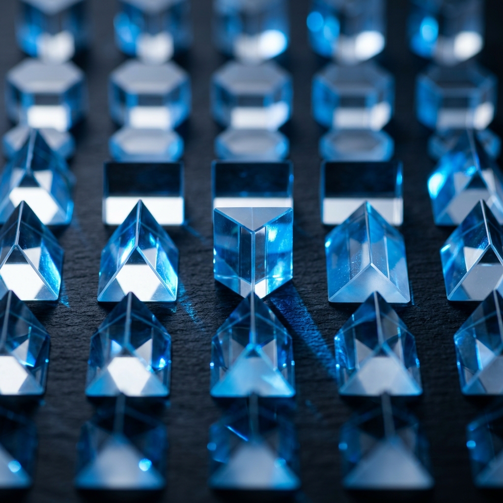 Precision glass prisms refracting light in geometric order