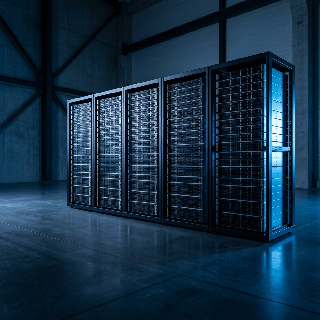 Data center rack with geometric precision and blue lighting