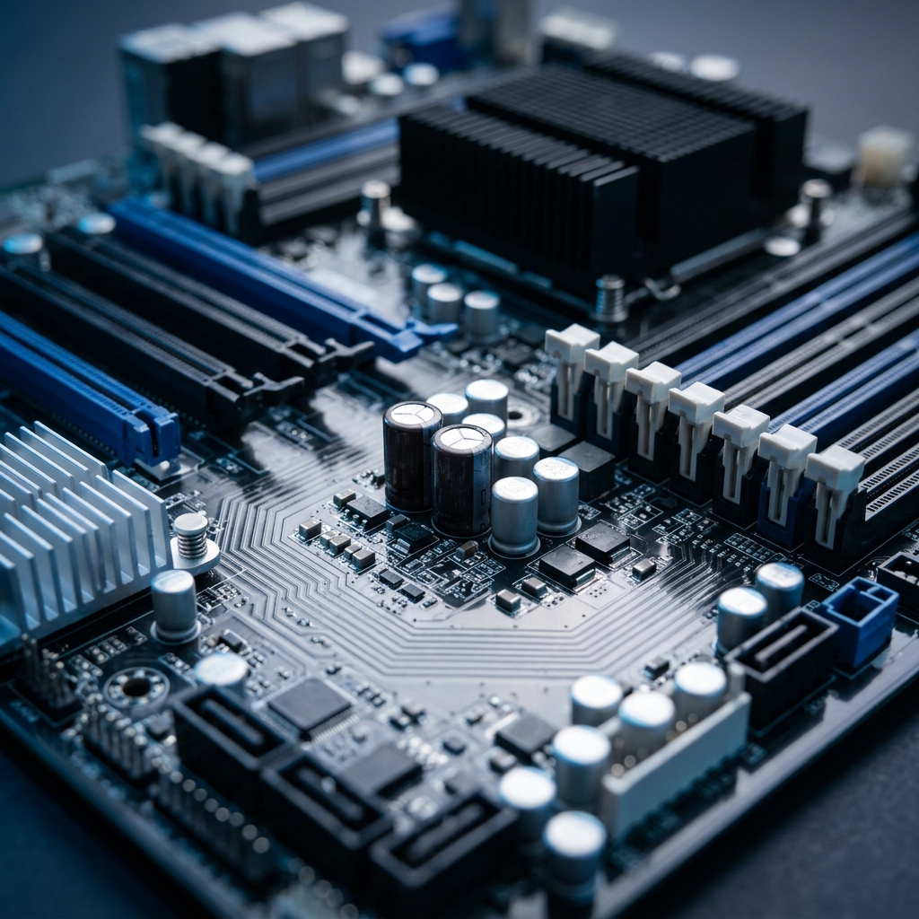 Server motherboard with studio lighting and shallow focus