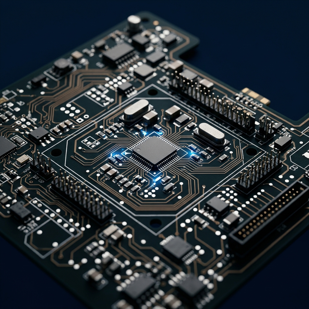 Circuit board macro with precision pathways and blue accents