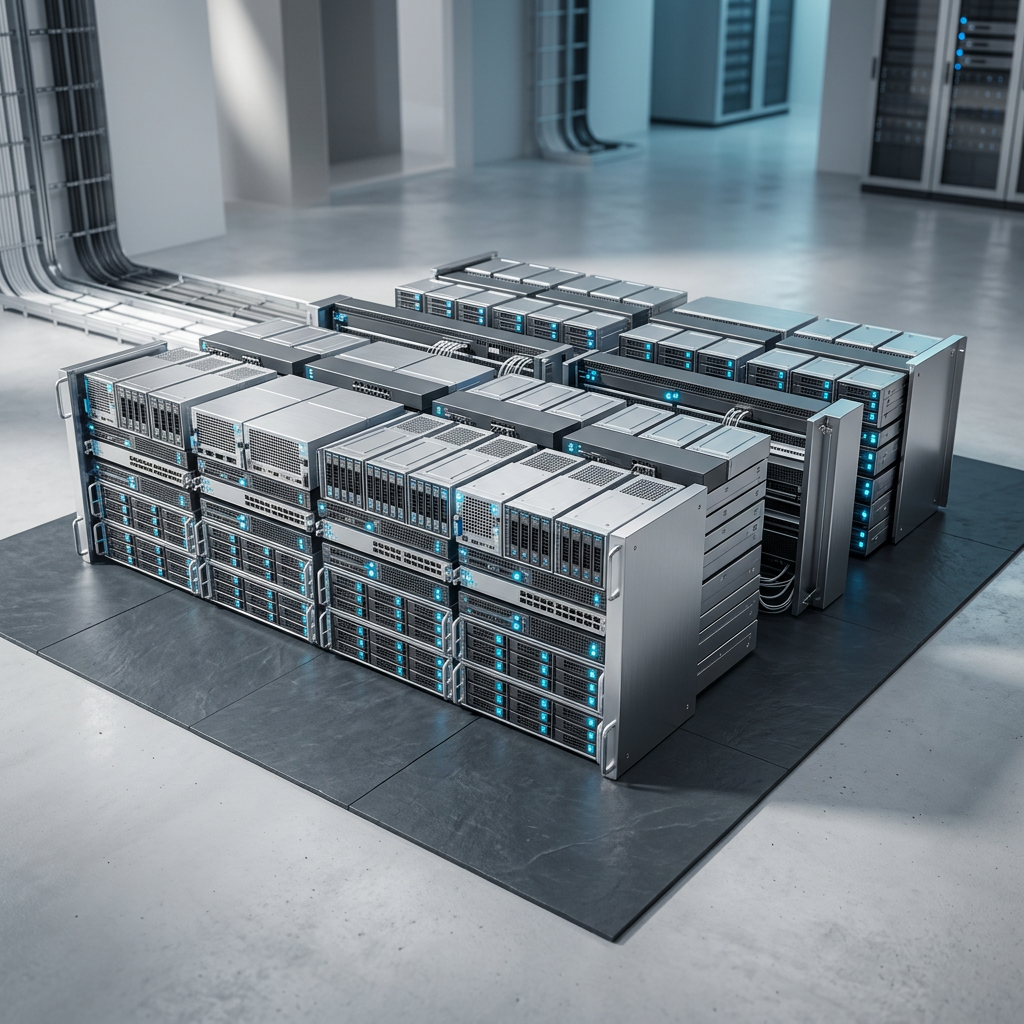 Modular server stack with geometric arrangement and blue indicators