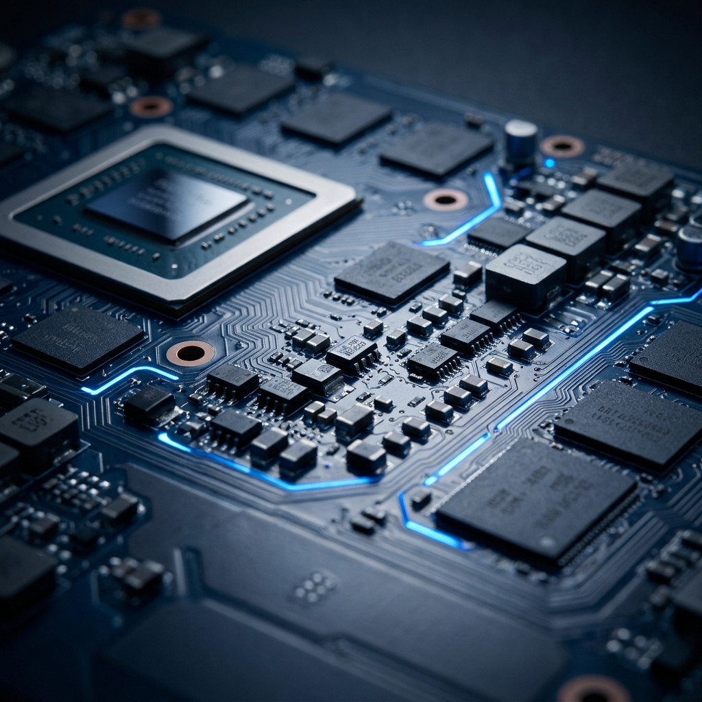 GPU circuit board with blue-lit pathways
