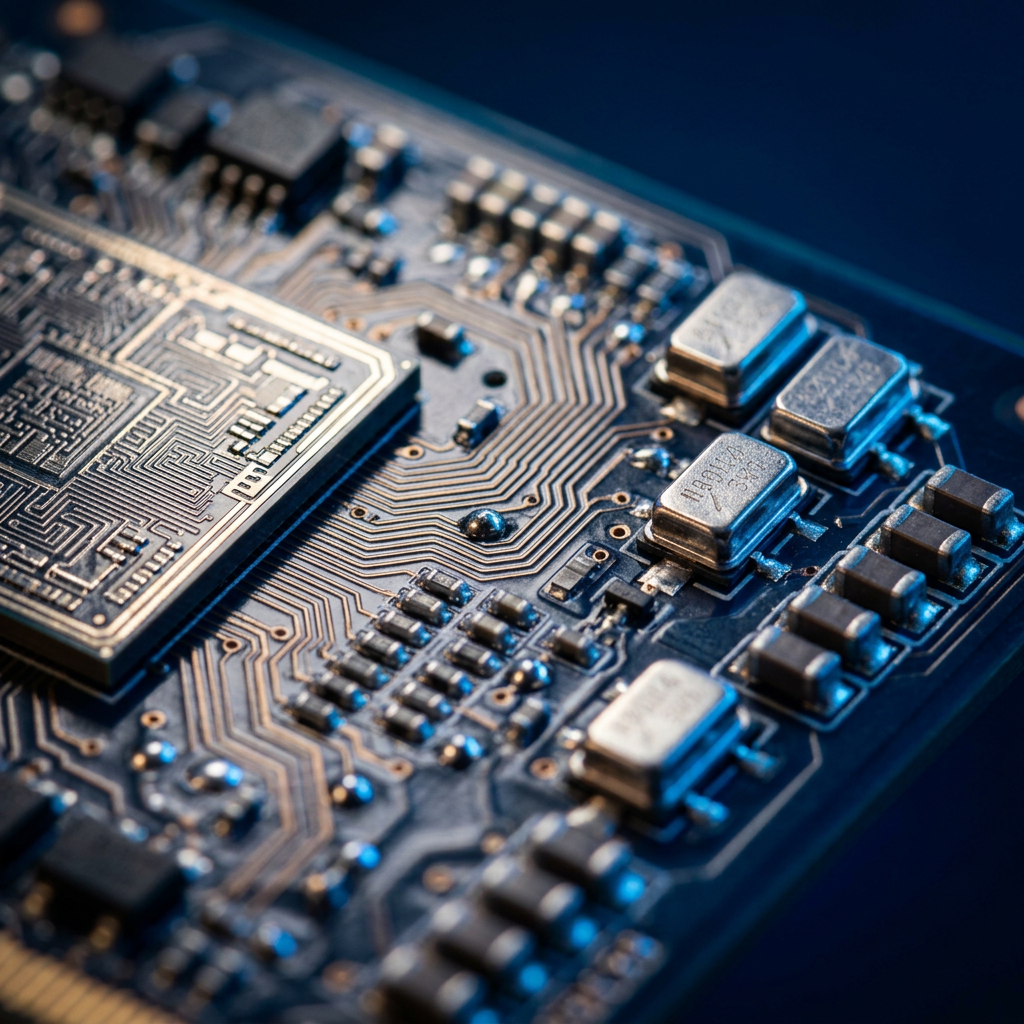 GPU circuit board macro detail with accent lighting