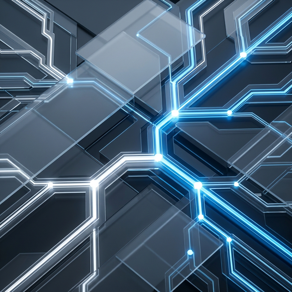 Abstract layered architecture showing branching computational pathways