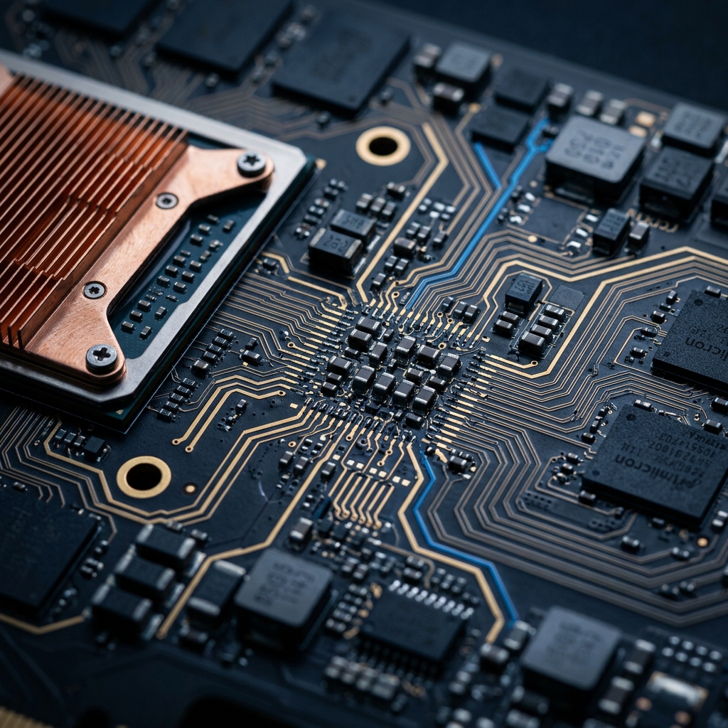 GPU circuit board macro with computational pathways highlighted