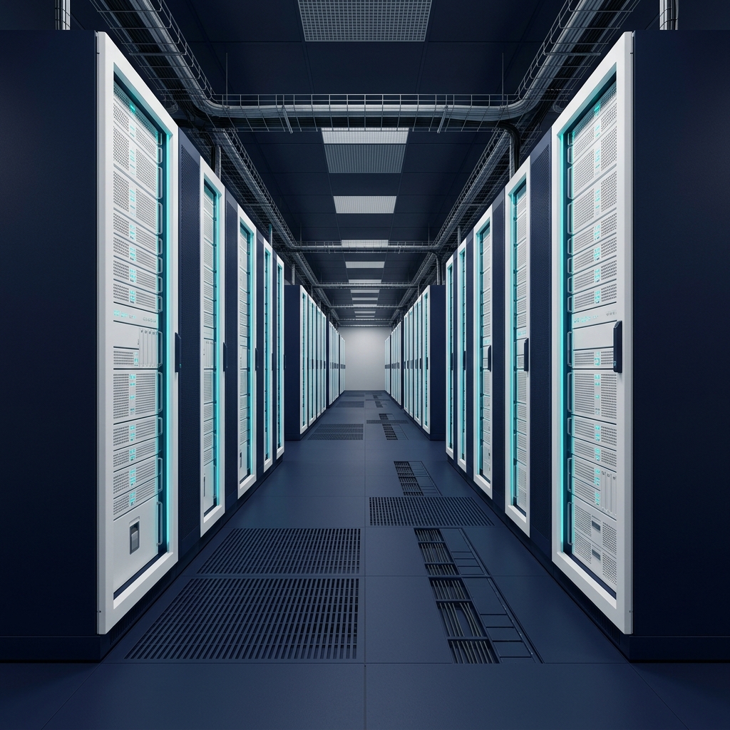 Minimalist data center corridor with modular server infrastructure