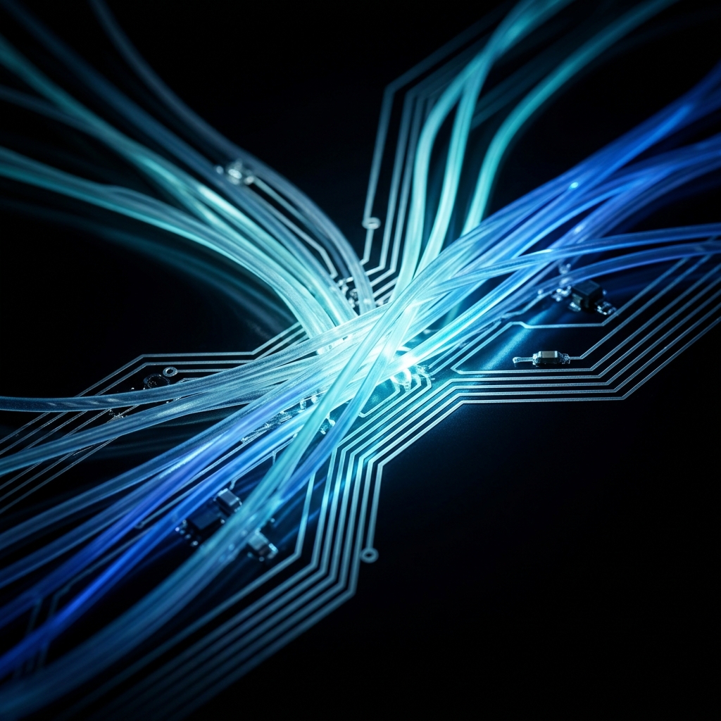 Fiber optic pathways converging at central junction point