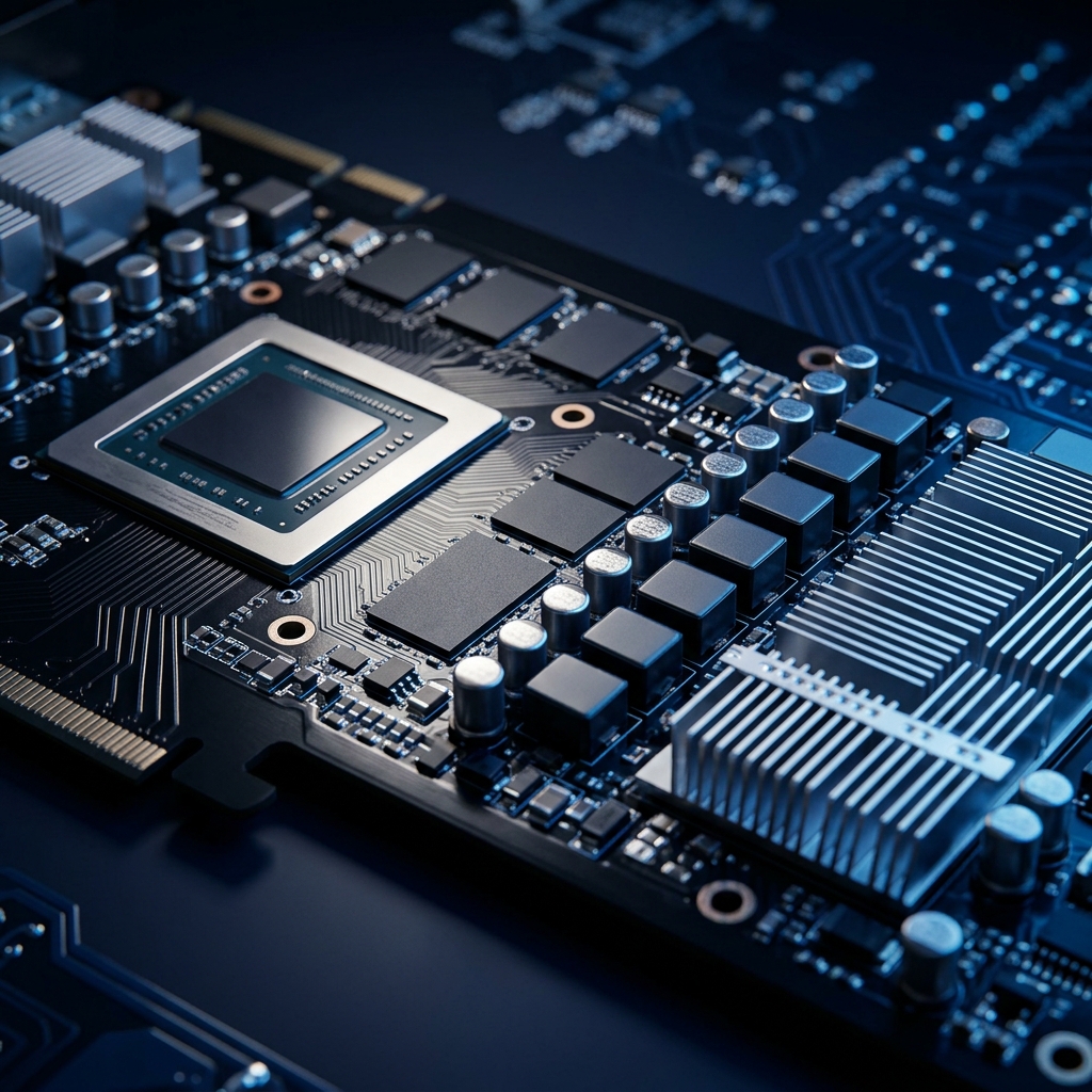 GPU circuit board macro with blue highlights