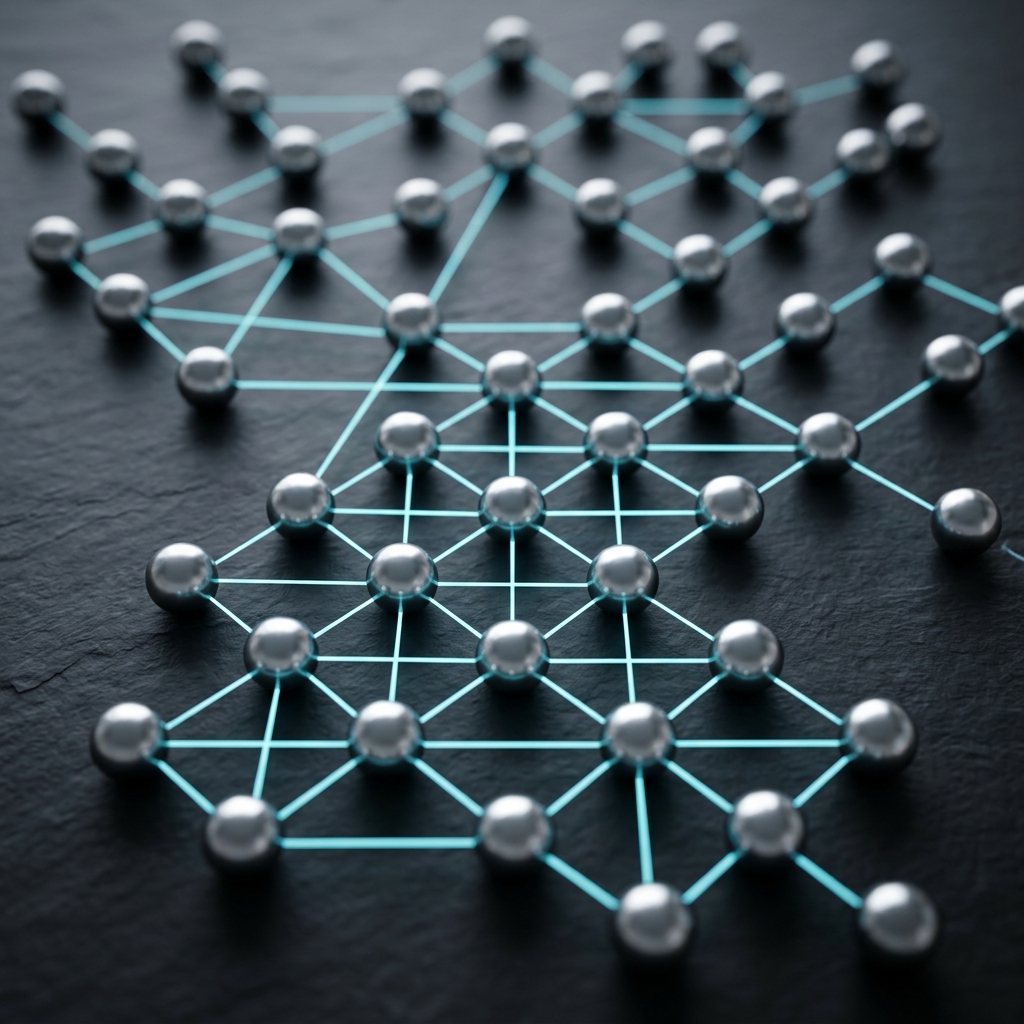 Neural network nodes connected by cyan light paths