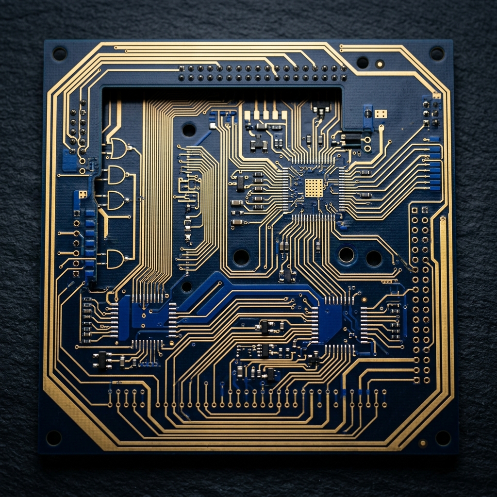 Circuit board traces illuminated with blue highlights