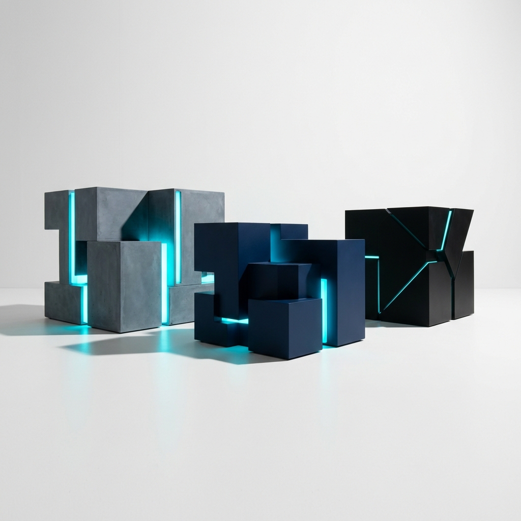 Three modular geometric forms with accent lighting