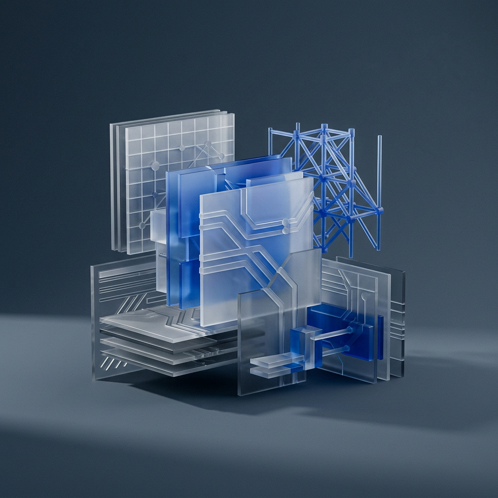 Geometric data structure layers with blue accent lighting