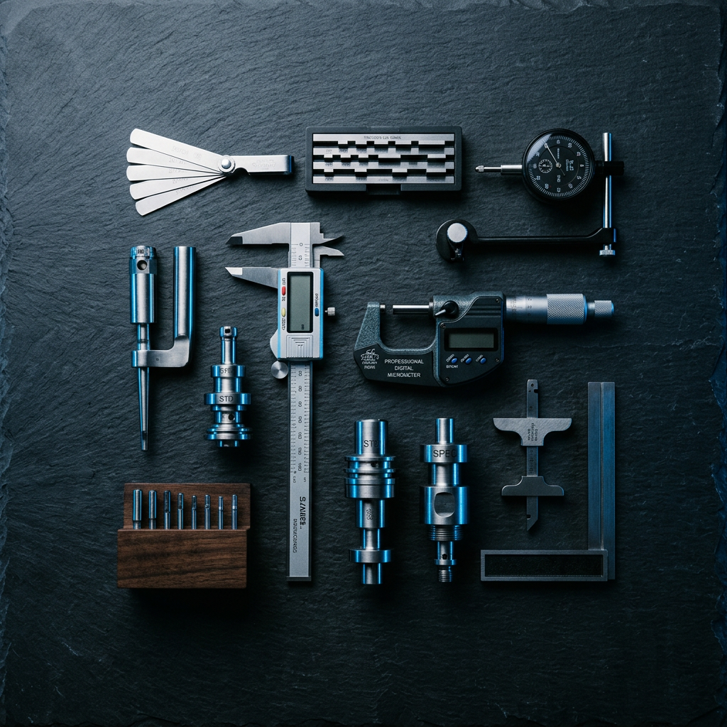 Precision measurement tools arranged on dark surface