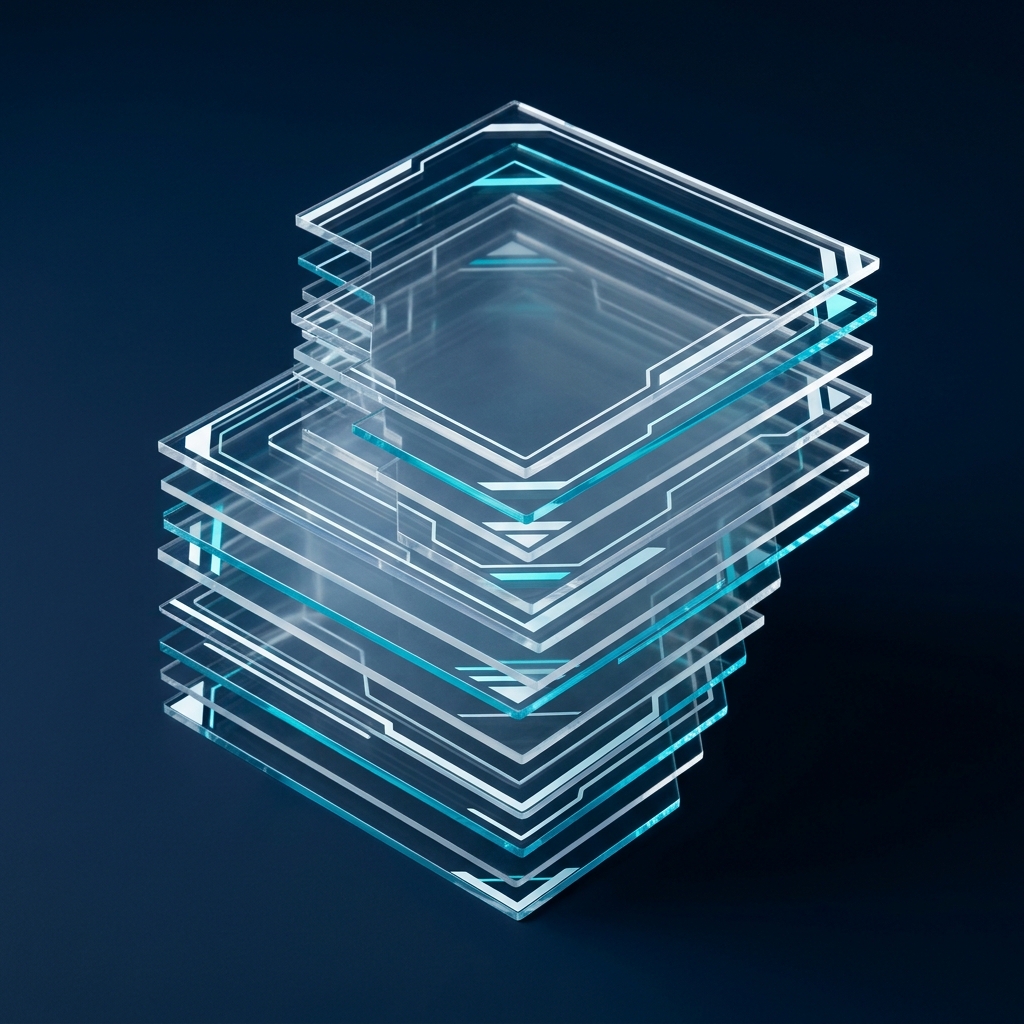Stacked translucent panels representing model layers