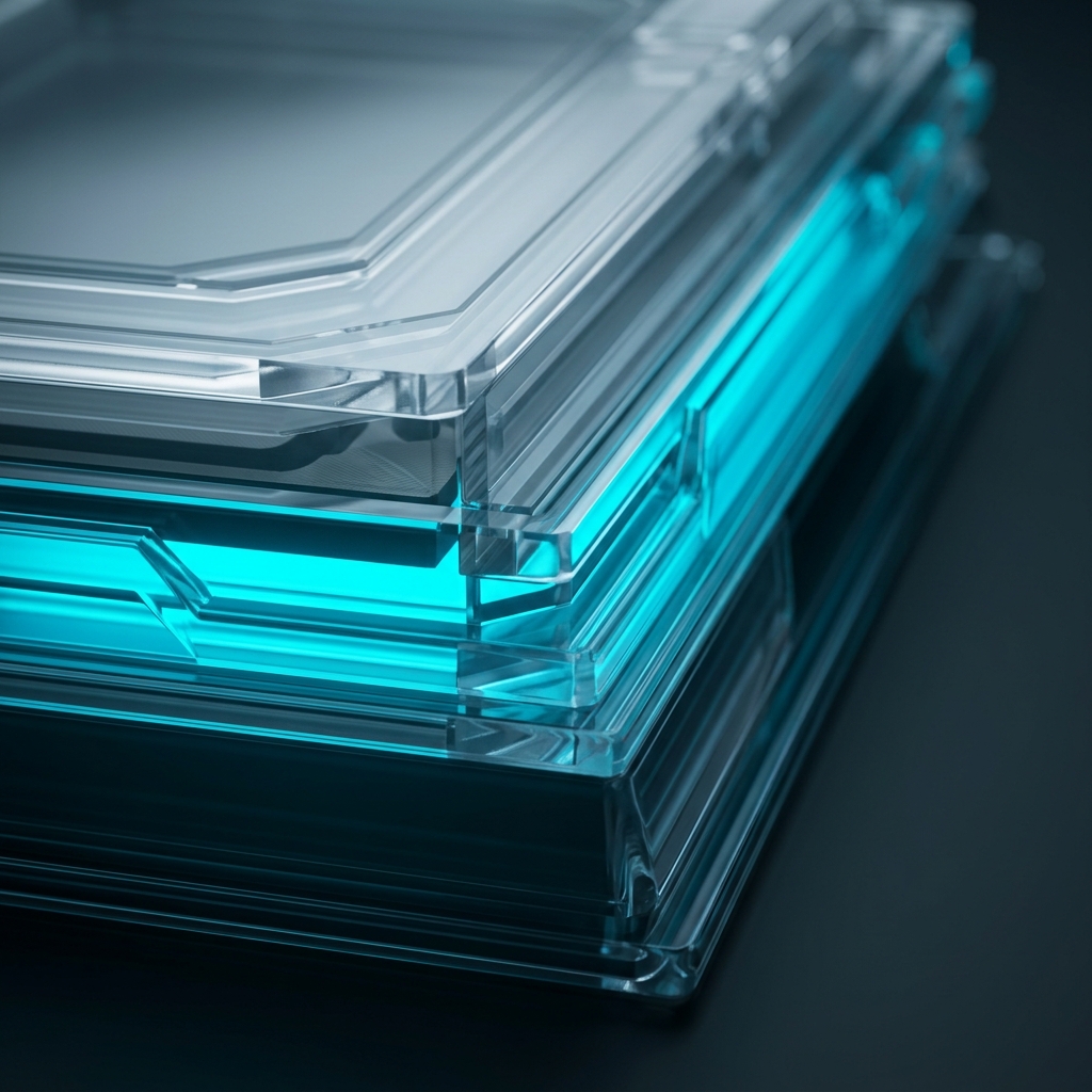 Layered transparent materials with cyan backlighting and depth