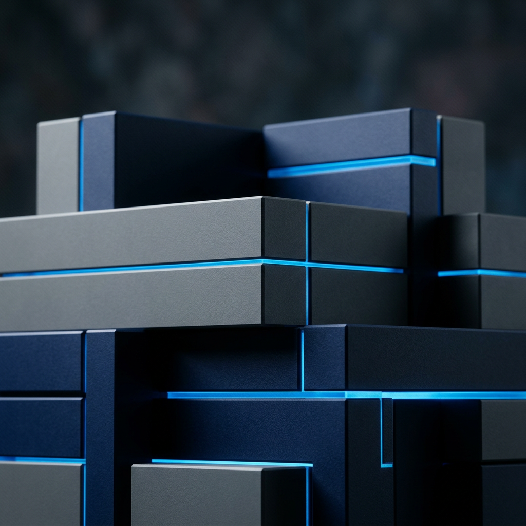 Stacked geometric blocks with blue accent lines