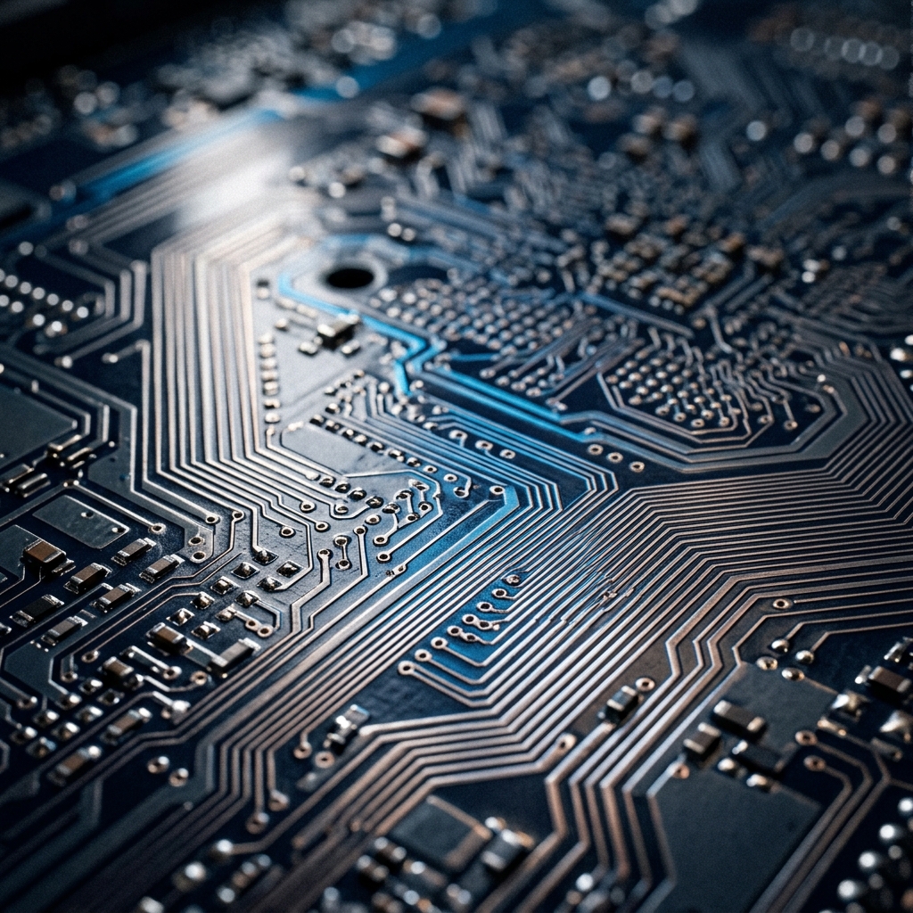 Macro circuit board pathways with blue highlights