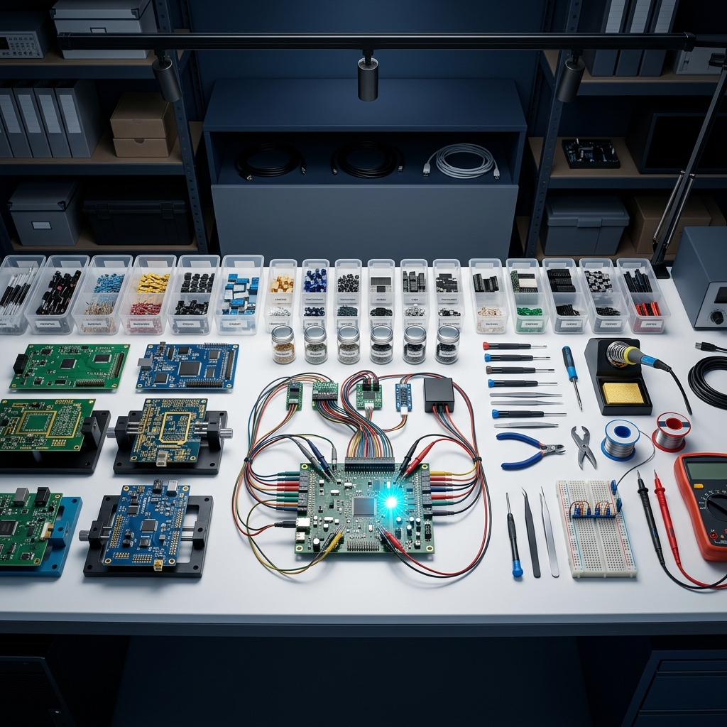Organized technical workbench overhead view