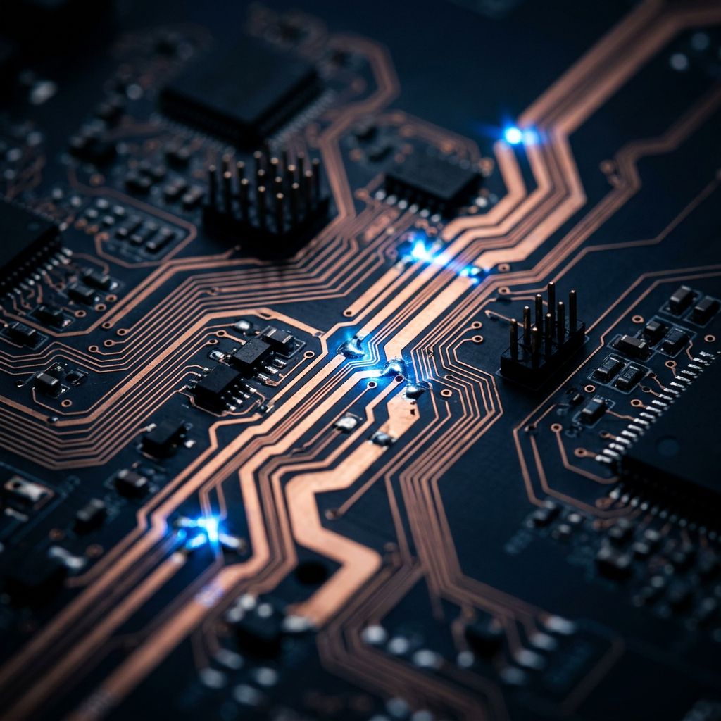 Circuit board traces showing system connectivity and data flow