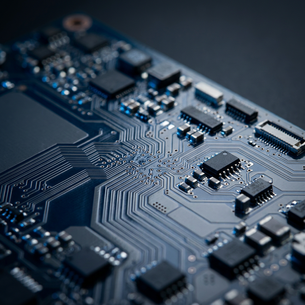 Circuit board pathways with blue accent lighting