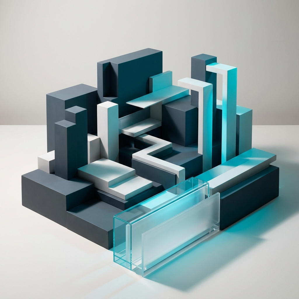 Stacked geometric modules with directional cyan lighting