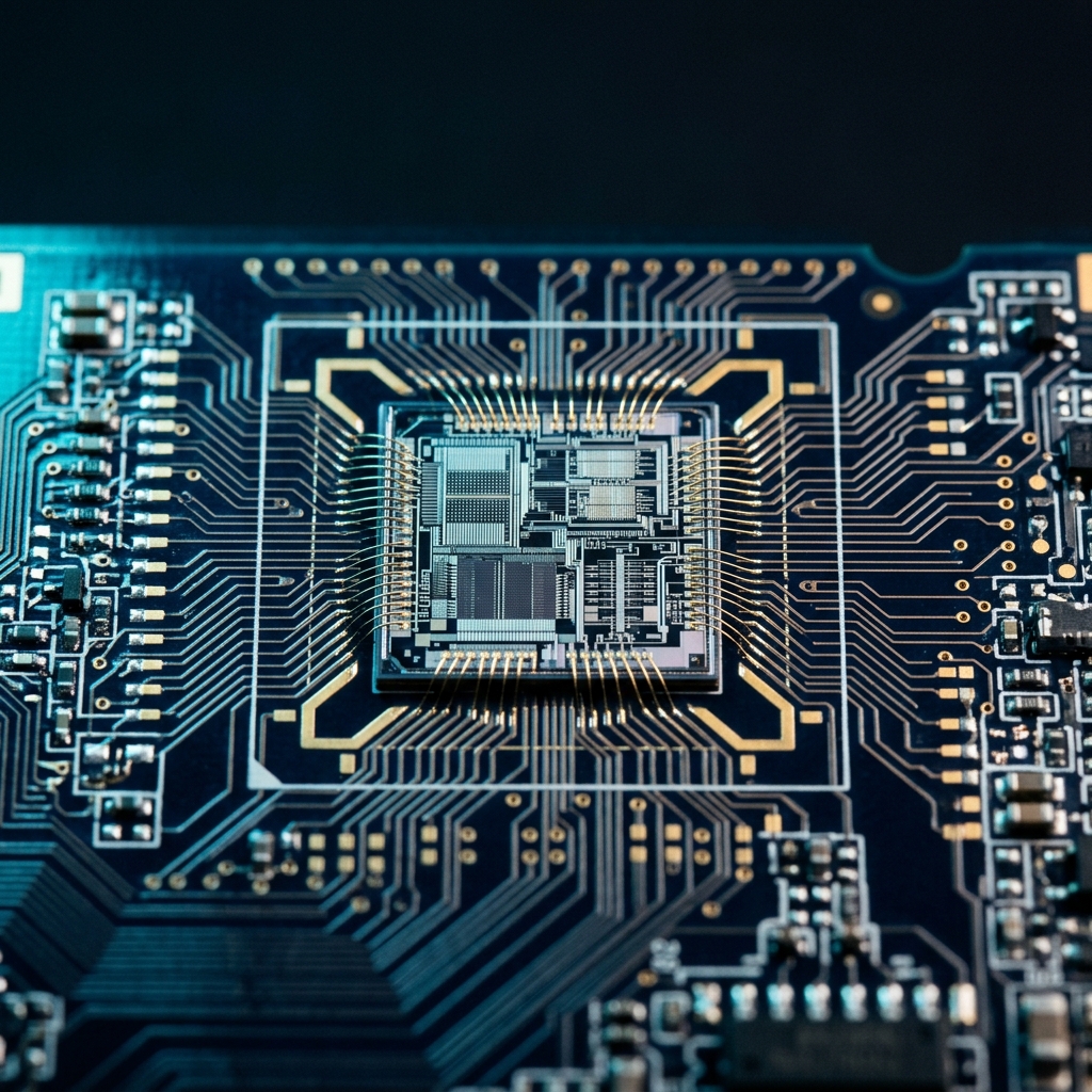 Circuit board component with cyan accent lighting