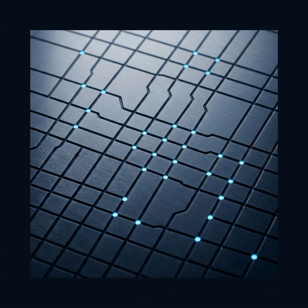 Metal surface with etched pathway nodes and highlights