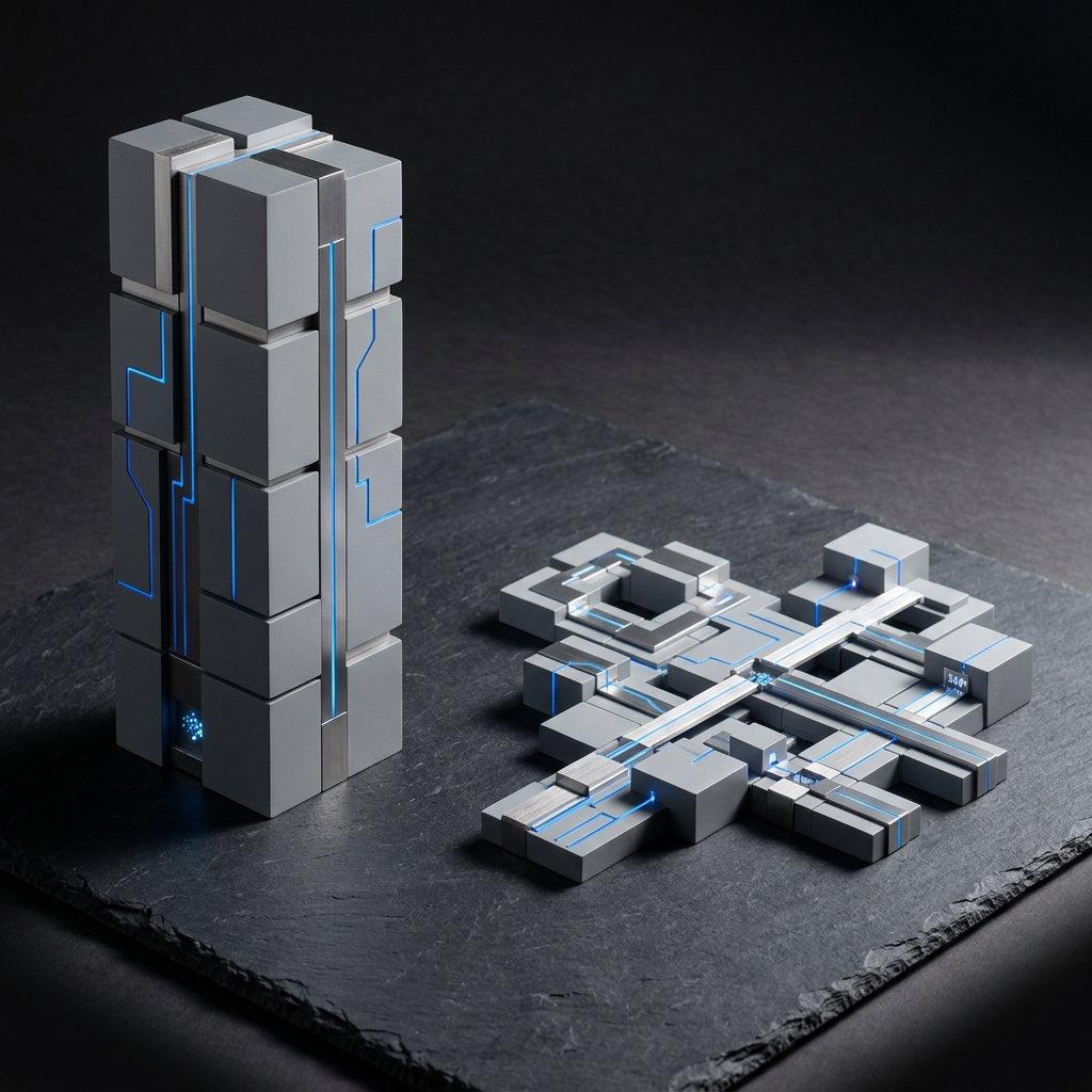 Two modular architectural structures showing system design contrast