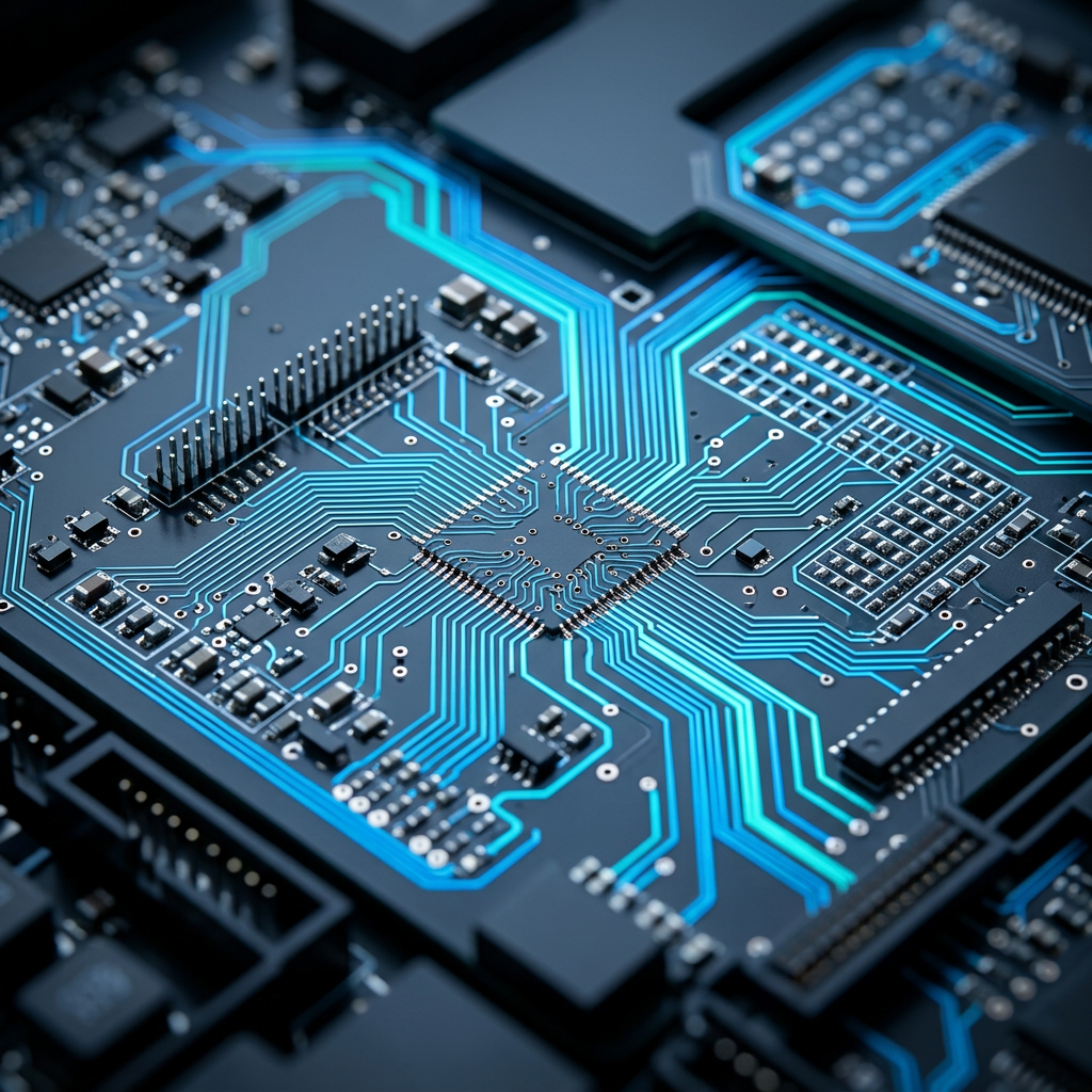 Circuit board pathways with blue illumination