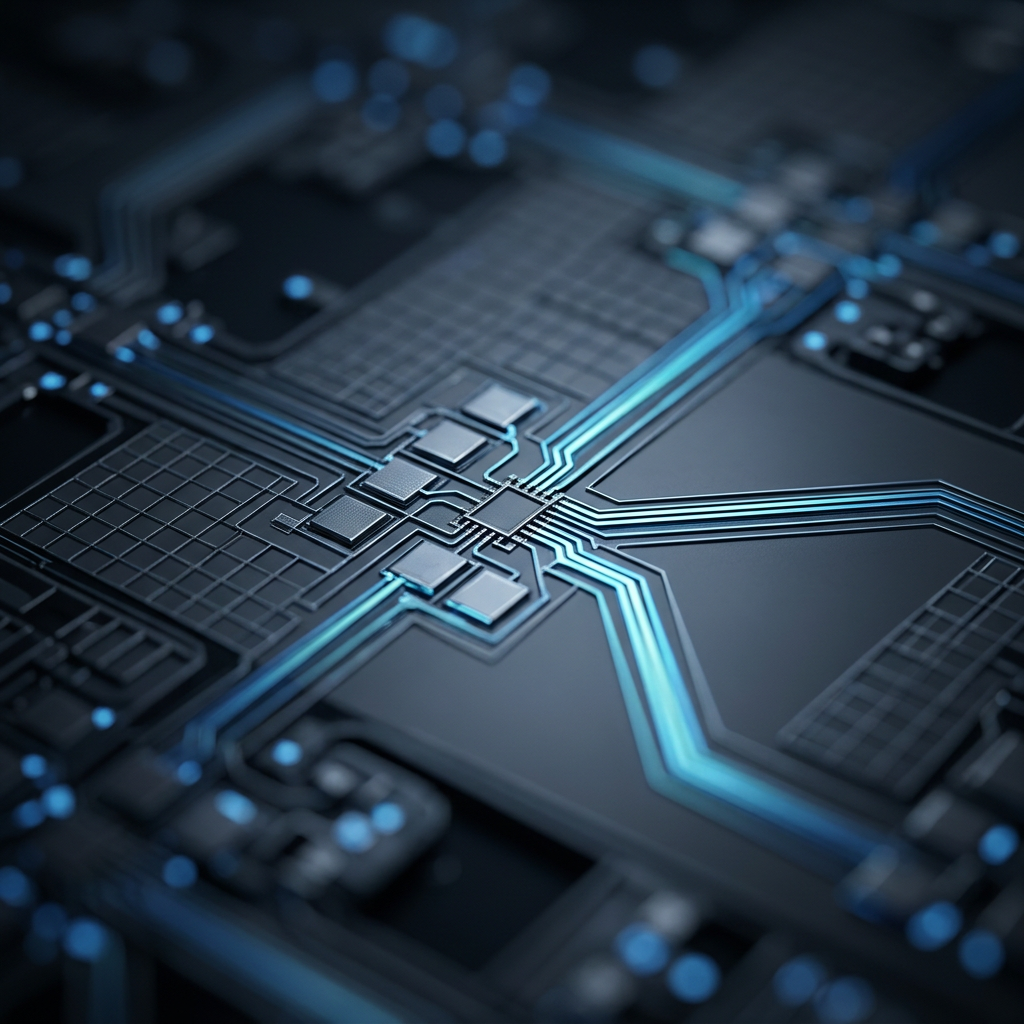 Circuit board pathways and junction nodes closeup