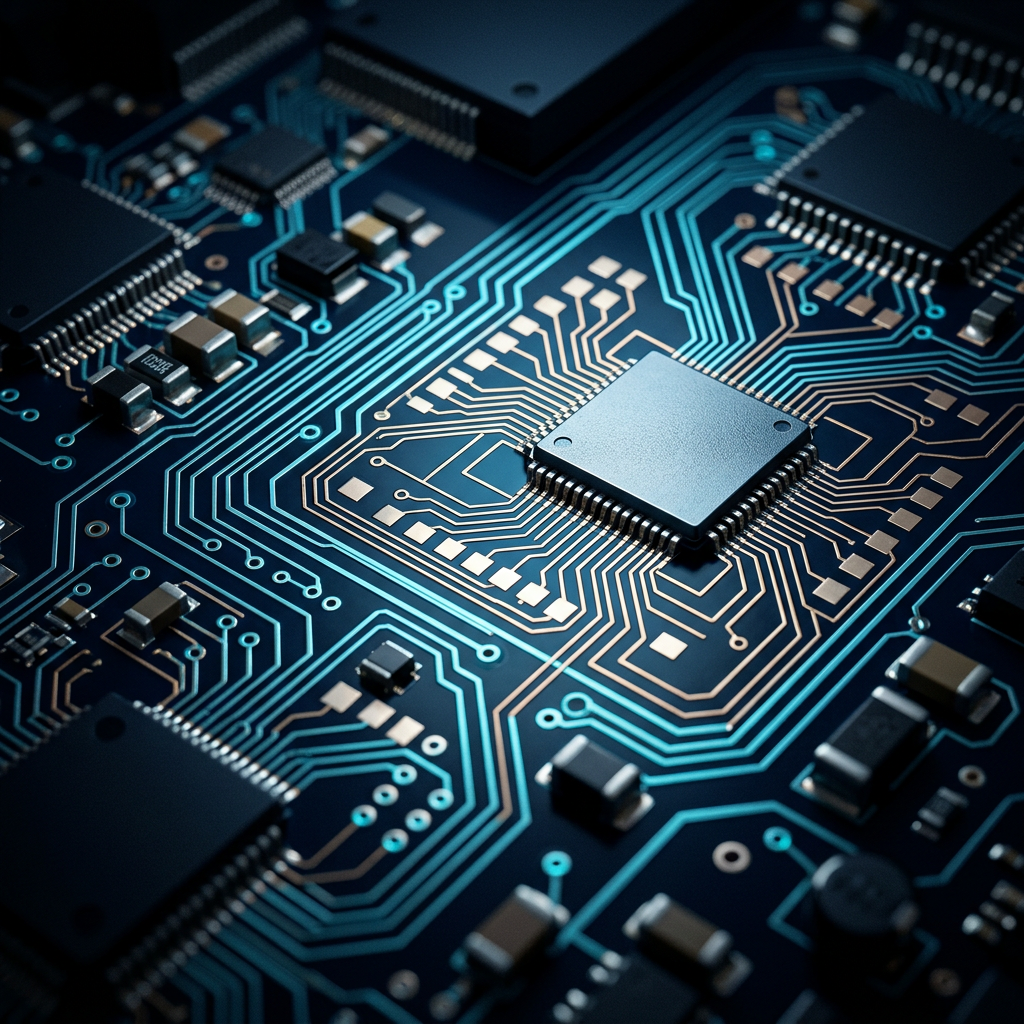 Precision circuit board pathways under studio light