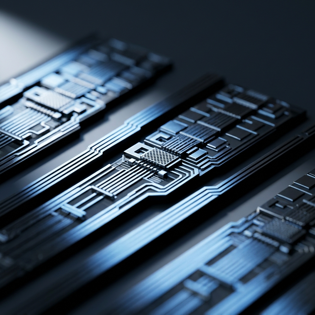 Layered circuit architecture with blue highlights