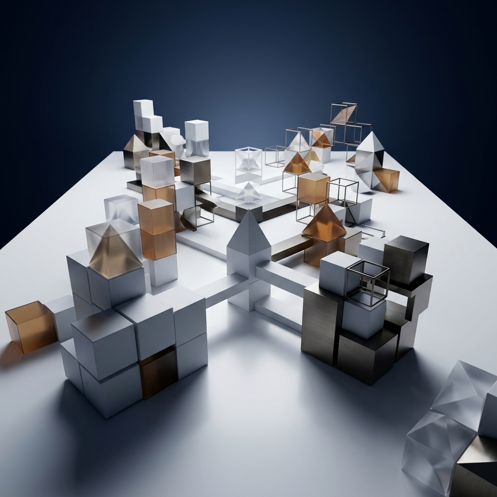 Structured modular data architecture in white and navy