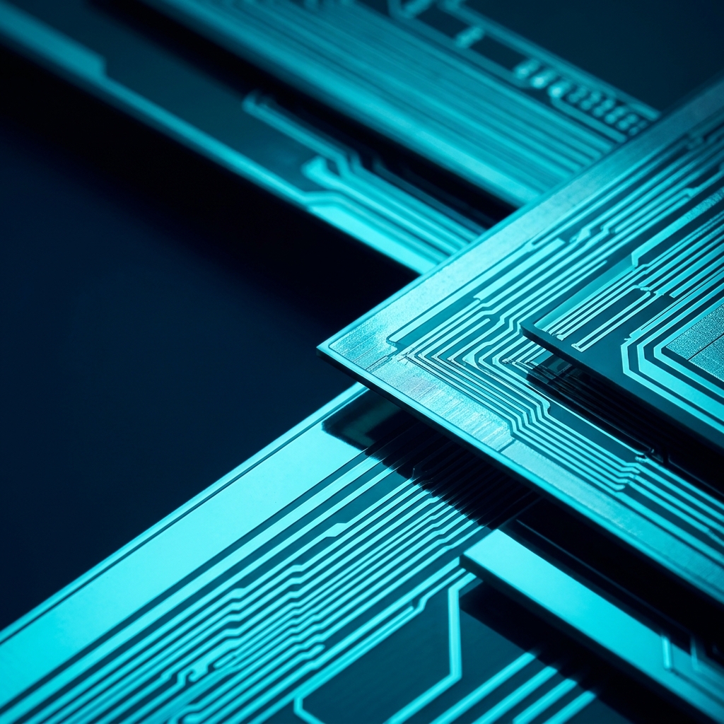 Layered silicon planes with directional cyan lighting