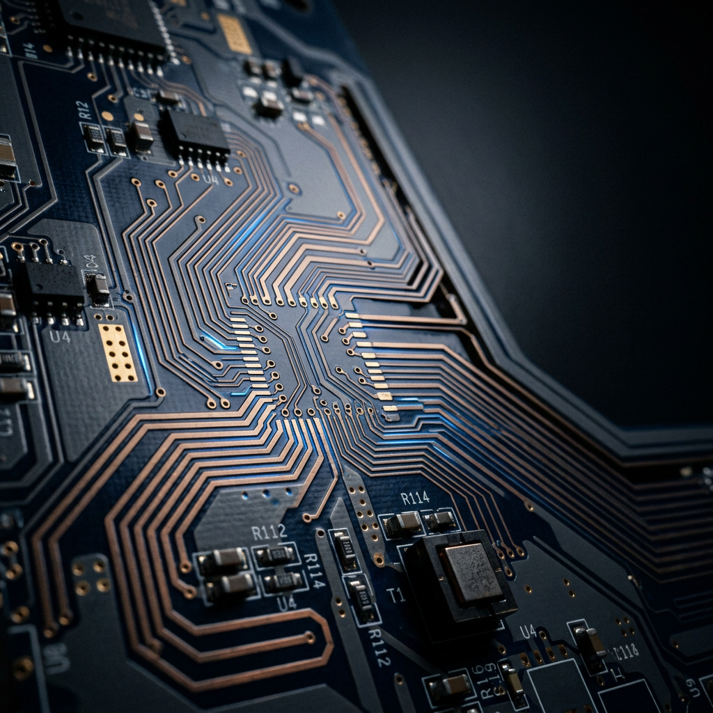 Macro circuit board traces with blue accent lighting