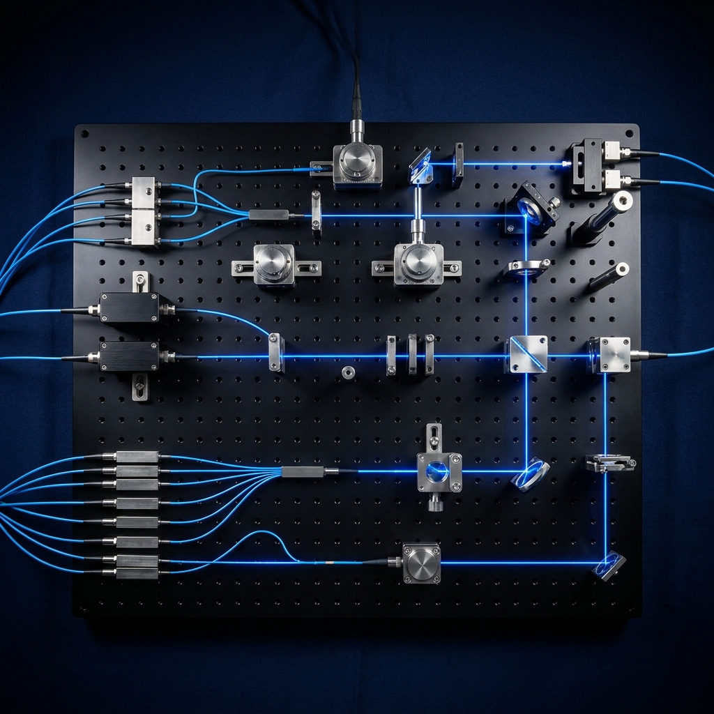 Precision optical components arranged on dark table