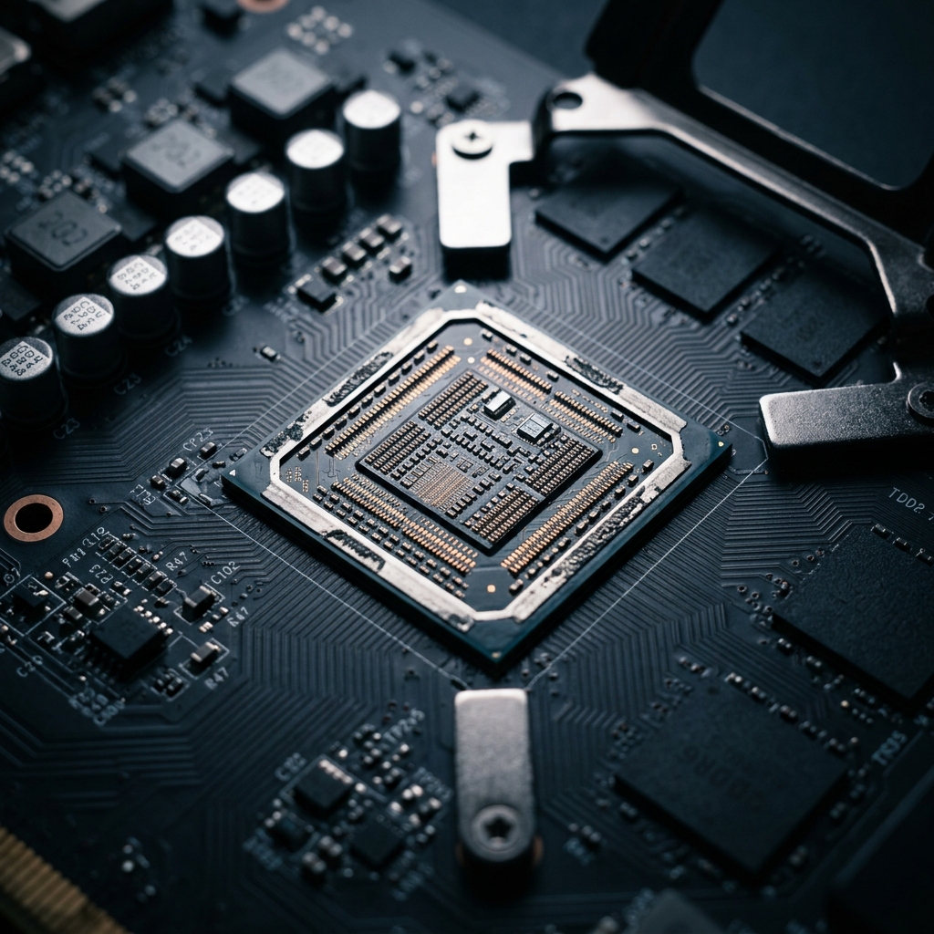 GPU circuit board macro detail under studio lighting