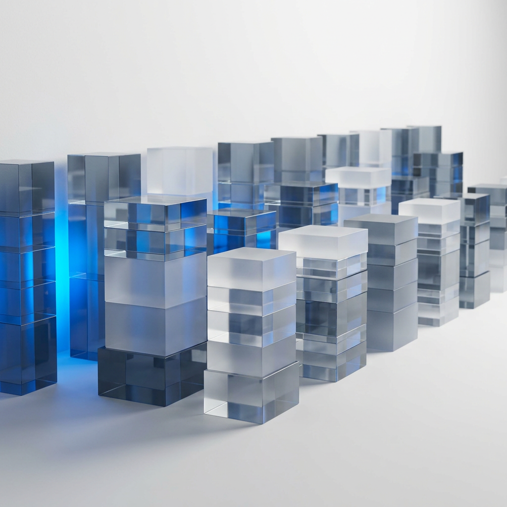 Layered geometric data architecture with blue accent light