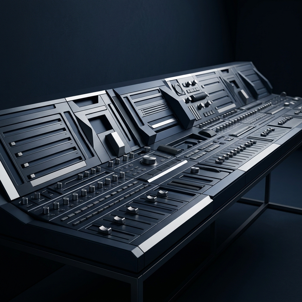 Minimalist technical control surface with dramatic studio lighting
