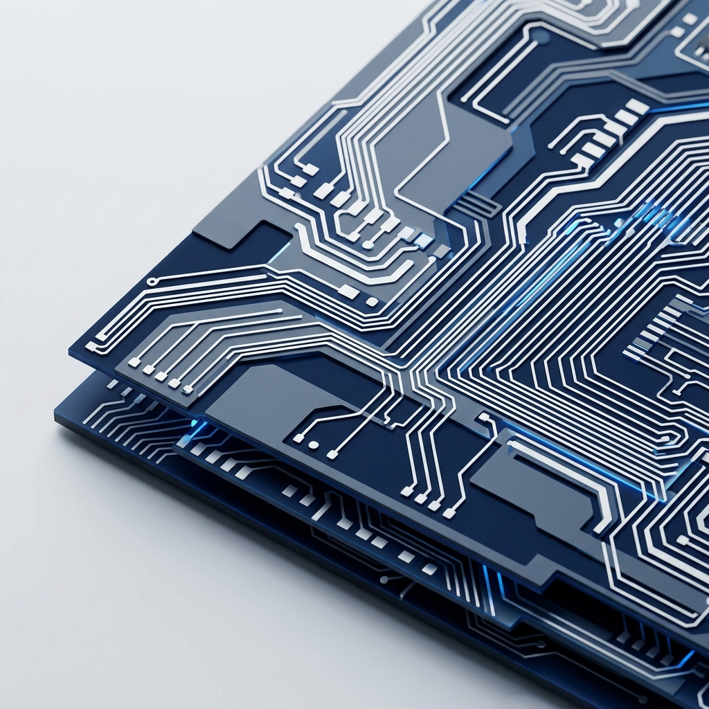 Layered microchip architecture with blue accent lighting