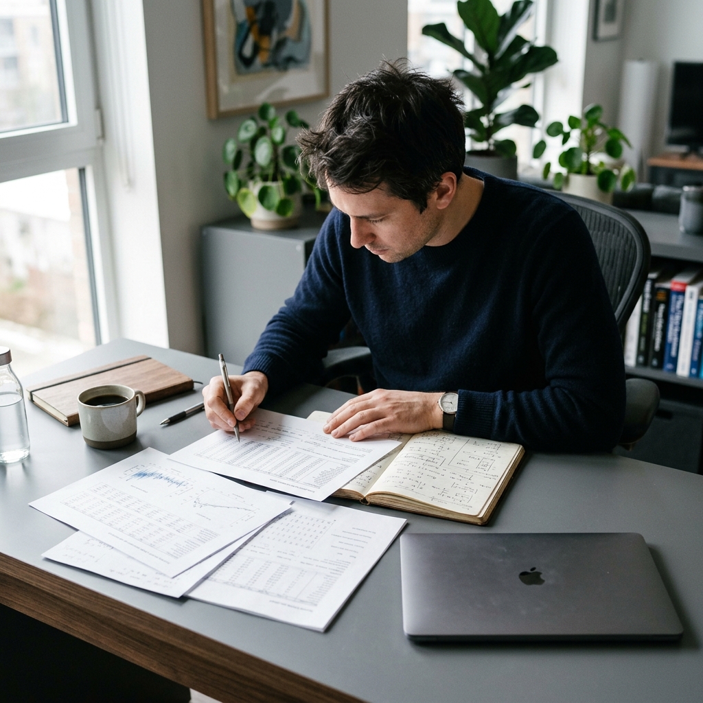 Engineer analyzing technical documentation and data flows