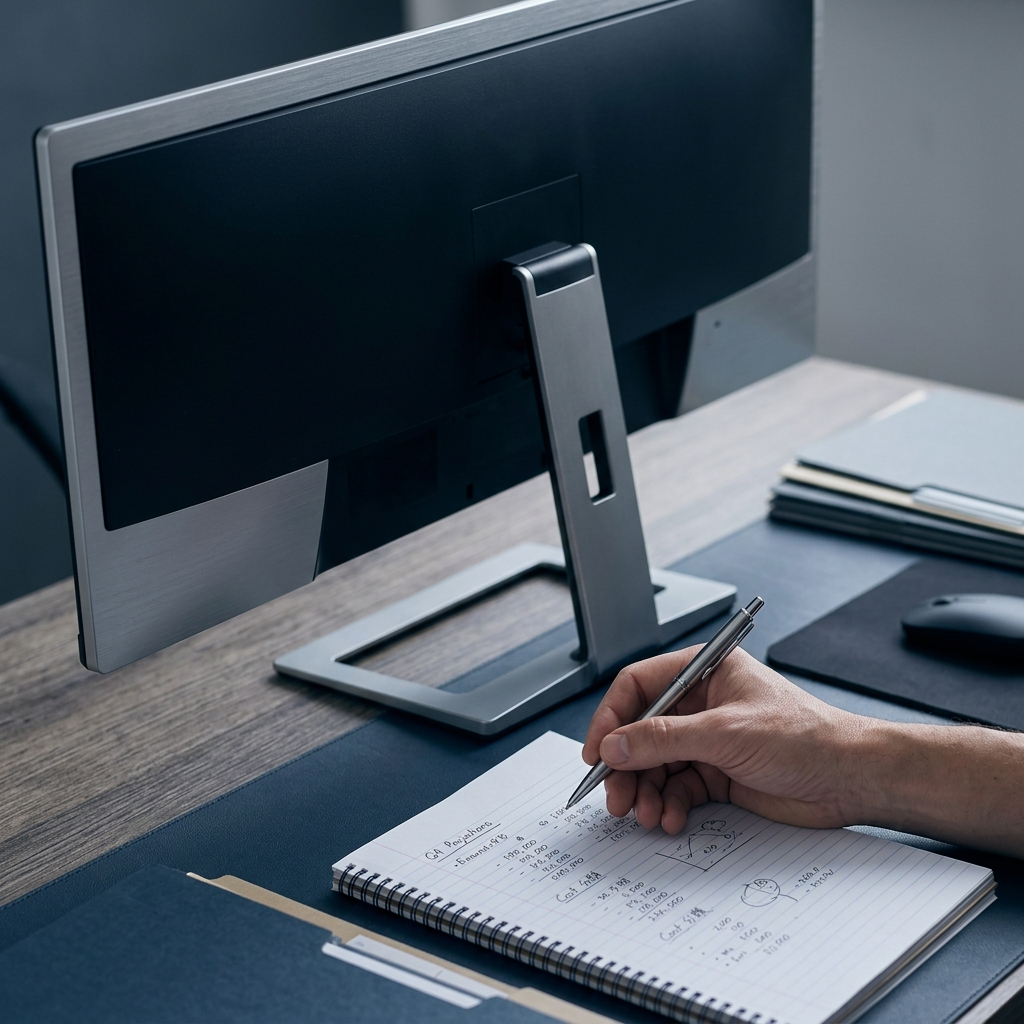 Engineer analyzing cost calculations at workstation
