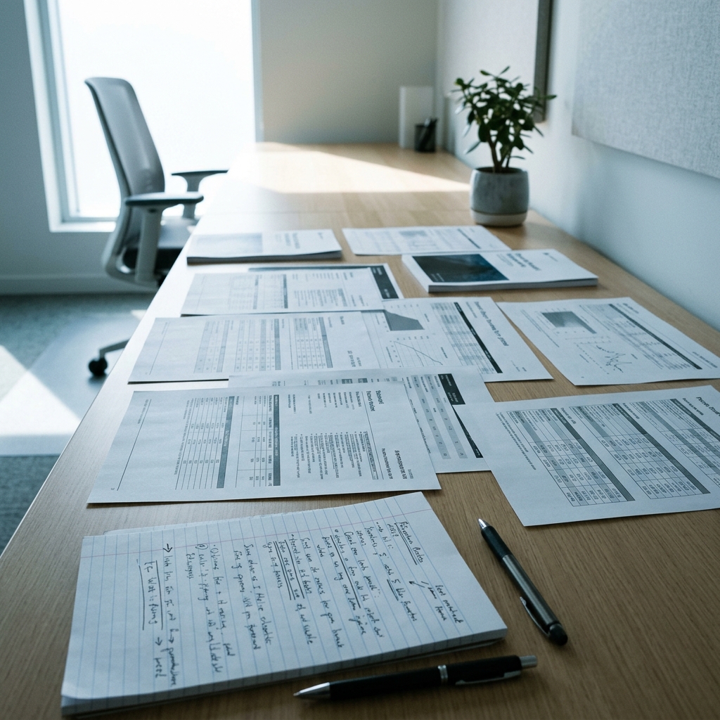 Technical documents and pricing comparisons spread across desk