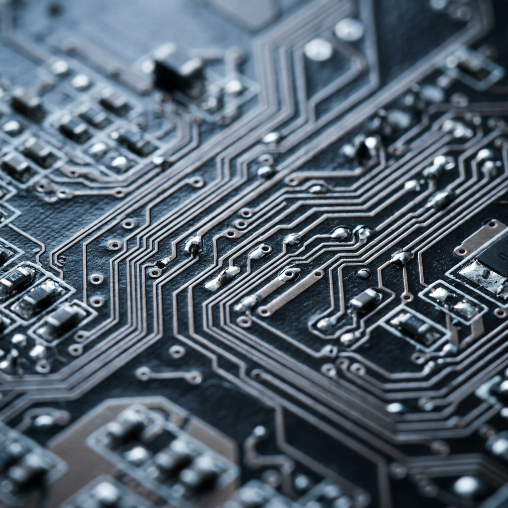 Circuit board traces and electronic components close-up