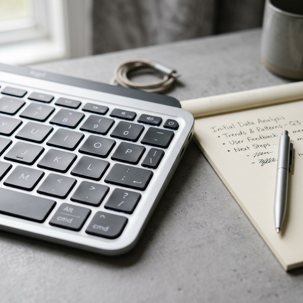 Laptop keyboard workspace with analytical notes