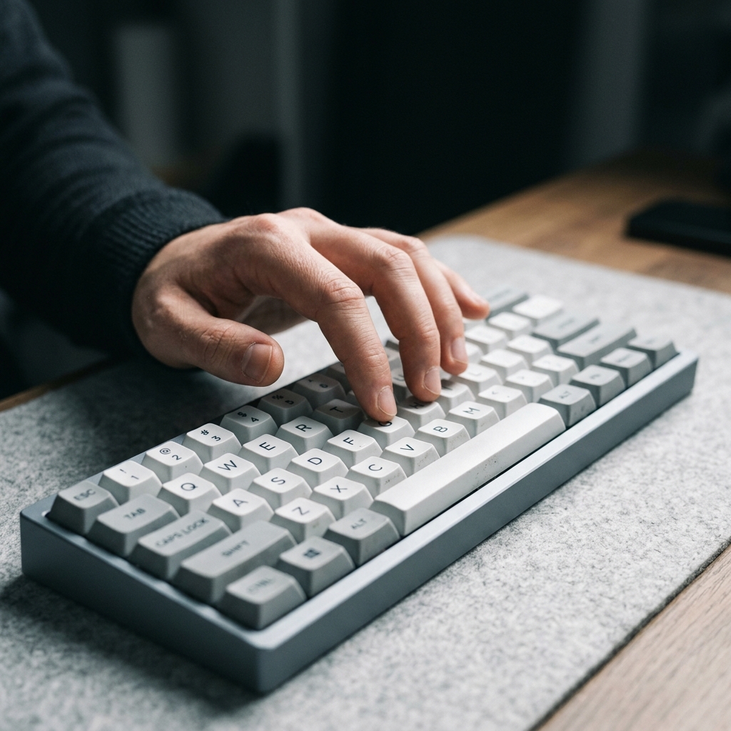 Hand positioned at keyboard in focused work environment