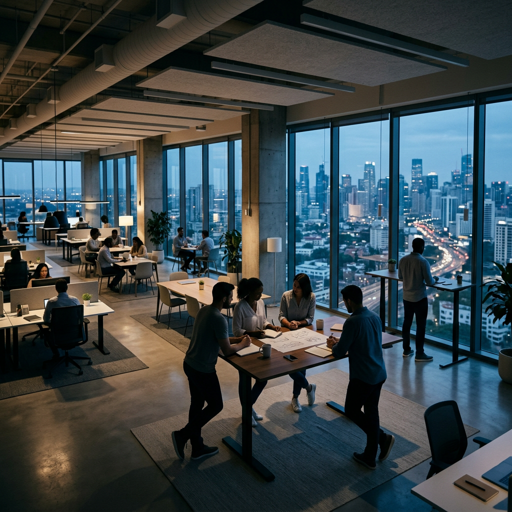 Office team engaged in collaborative work at dusk