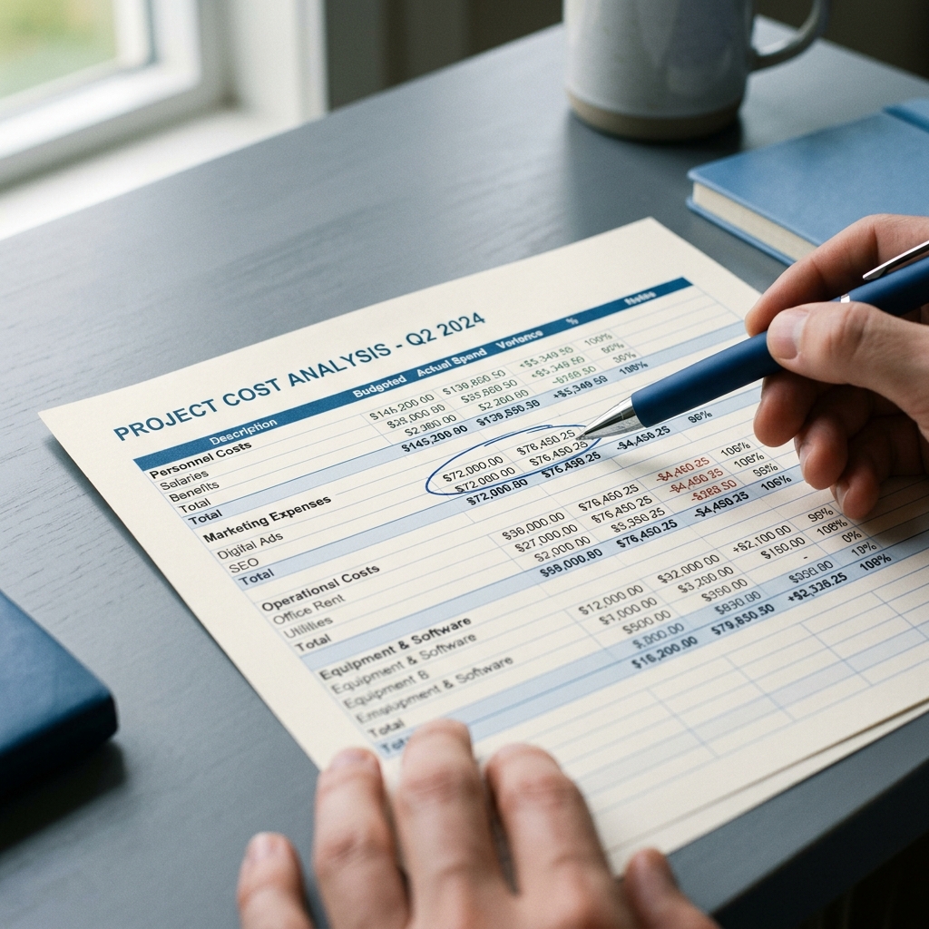 Financial spreadsheet with cost analysis documentation