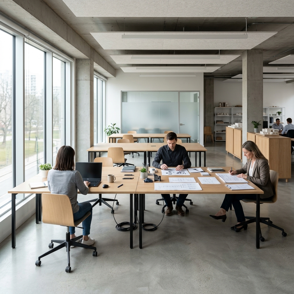 Engineering team working independently in modern collaborative space